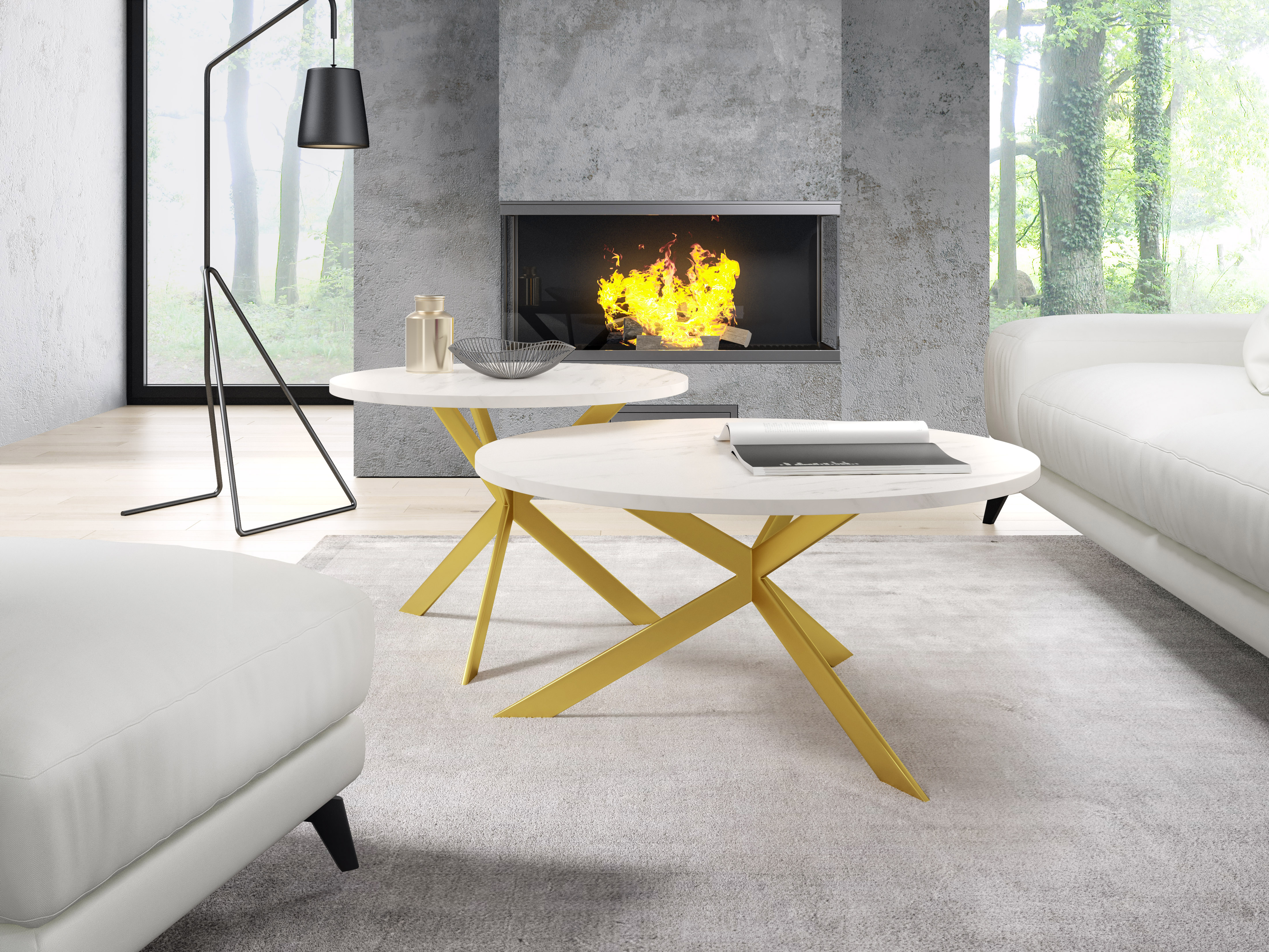 Designerski stolik do salonu - biały marmur Bianco i złote nogi w stylu glamour.